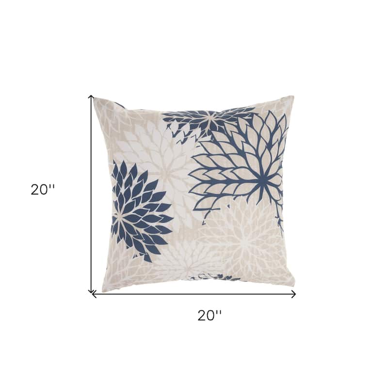 20" Beige Blue and Ivory Floral Indoor Outdoor Throw Pillow - 20" x 20"
