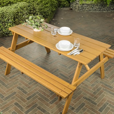 Porto 59" Modern Classic Outdoor Wood Picnic Table Benches with Umbrella Hole, by JONATHAN Y