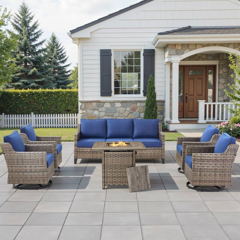 Pocassy Outdoor Swivel Chair with Sofa with Fire Pit Table - Blue Cushion Gray Wicker - 6-Piece Fire Pit Table w/ Sofa Swivel Chair