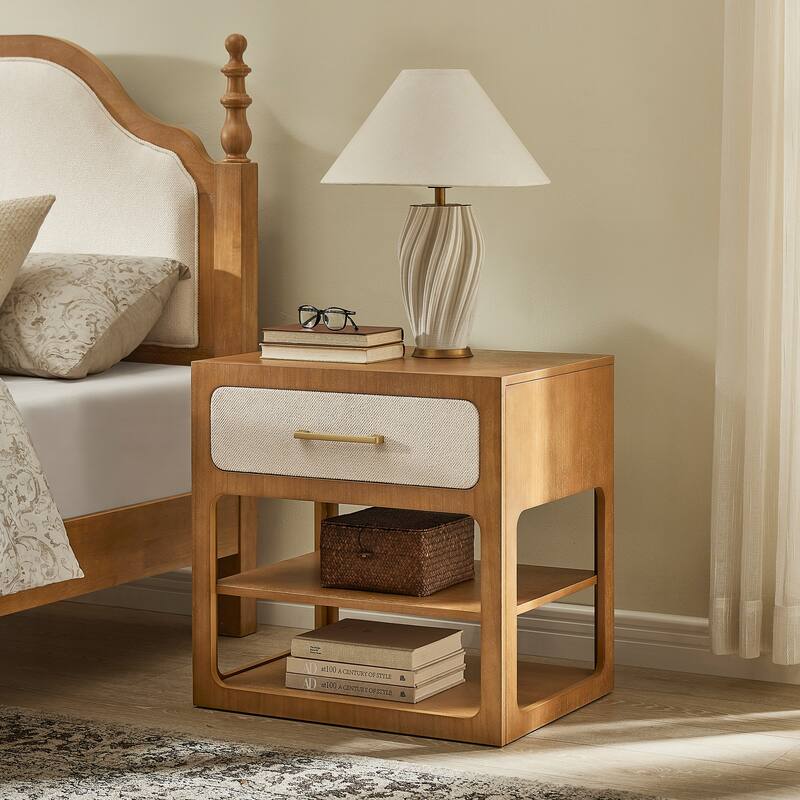 18" Modern Nightstand with Textured Fabric Drawer and 2-Tier Open Shelves - Brown - 1-drawer