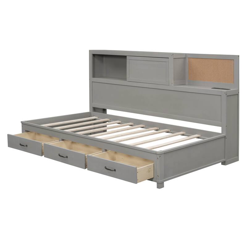 Wooden Daybed with Drawers,shelf,Sockets and USB Ports