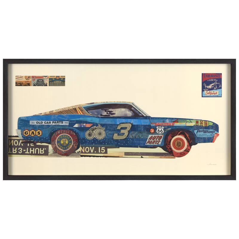 "Muscle Blue Car" Dimensional Collage Framed Graphic Glass Wall Art