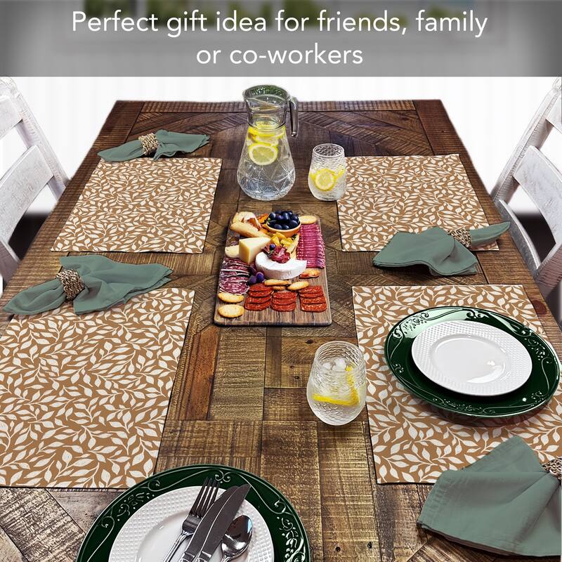 Mocha Leaves 4-Pack Poly-Cotton Blend Placemats Manufactured in The USA Machine Washable Dryer Safe