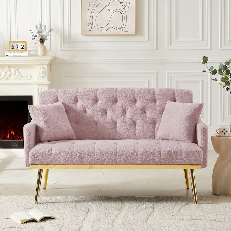 Practical Upholstered Settee with Two Pillows, Pink Loveseat with Tufted Back for Vanity Room, 2 Seater Couch for Bedroom - Pink
