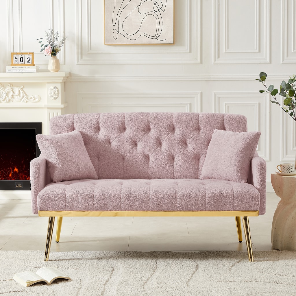 Practical Upholstered Settee with Two Pillows, Pink Loveseat with Tufted Back for Vanity Room, 2 Seater Couch for Bedroom