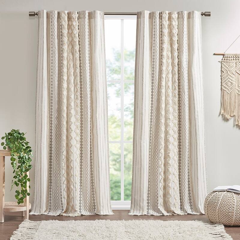 1PC Cotton Printed Curtain Panel with Chenille Stripe and Lining
