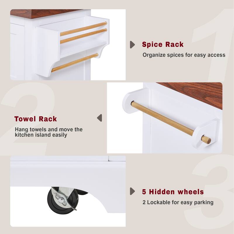 53 Inch Kitchen Island Cart with Thick Desktop Drawers Spice and Towel Racks