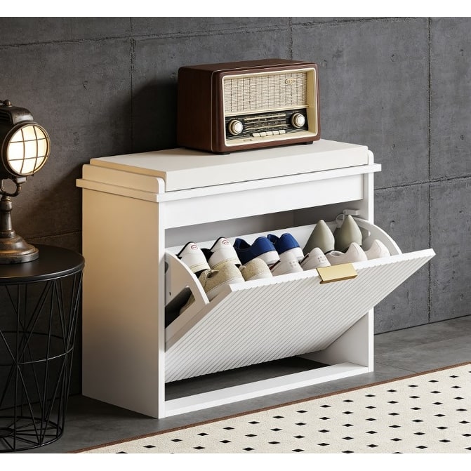 Shoe Storage Bench with Cushioned Seat and Flip Drawer Entryway Organizer