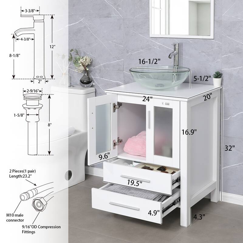 24" Bathroom Vanity White Set Glass/ Ceramic Vessel Sink Cabinet Faucet Drain Free Standing Combo