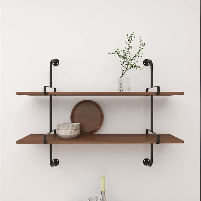 3 Level Wood Wall Shelf with Black Metal Brackets - Brown or Gray