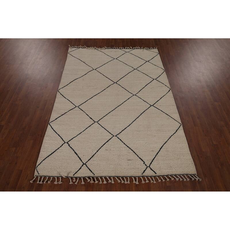 Trellis Moroccan Oriental Area Rug Hand-Knotted Beige Wool Carpet - 5'7"x 8'0"