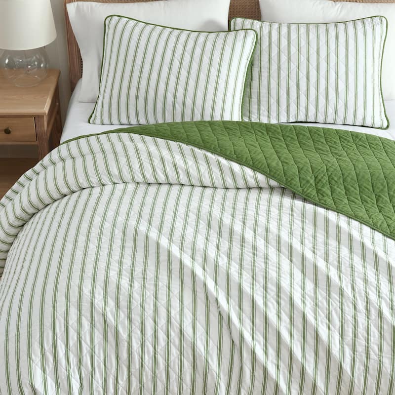 Martha Stewart Ticking Stripe Cotton Reversible Green Quilt Set
