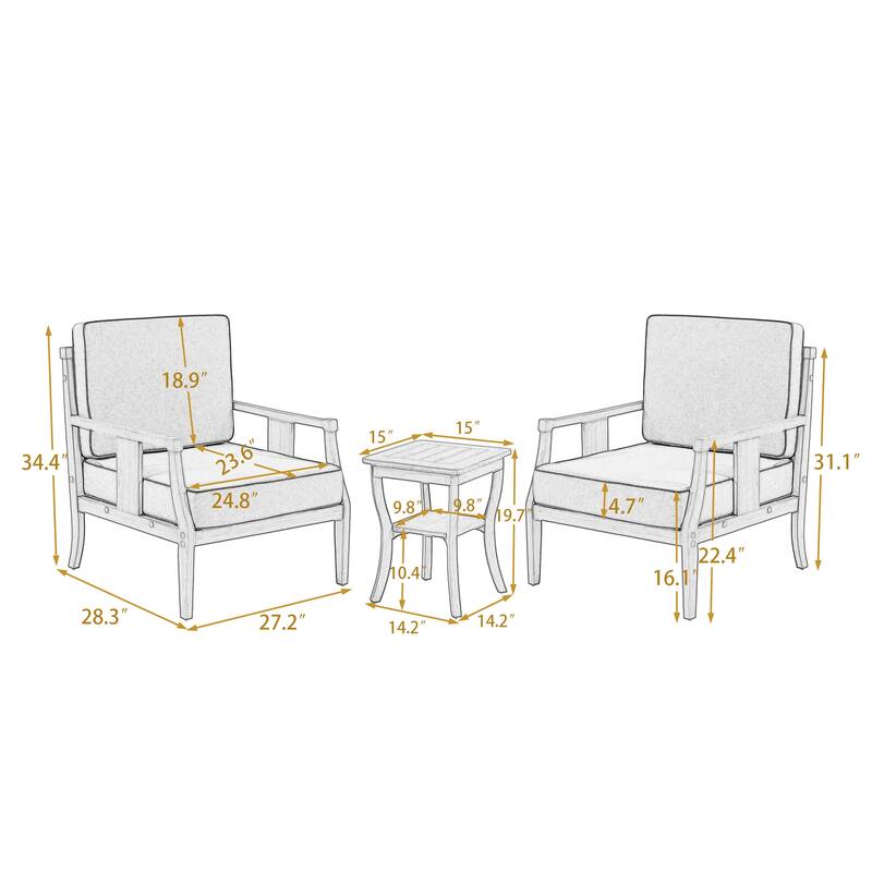 Wood Patio Bistro Set with Water-Resistant Cushions(Set of 3)