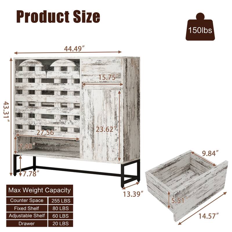 Rustic 44" Coffee Bar Cabinet with Storage, Farmhouse Buffet Console Table with Drawer and Arched Metal Lattice Doors