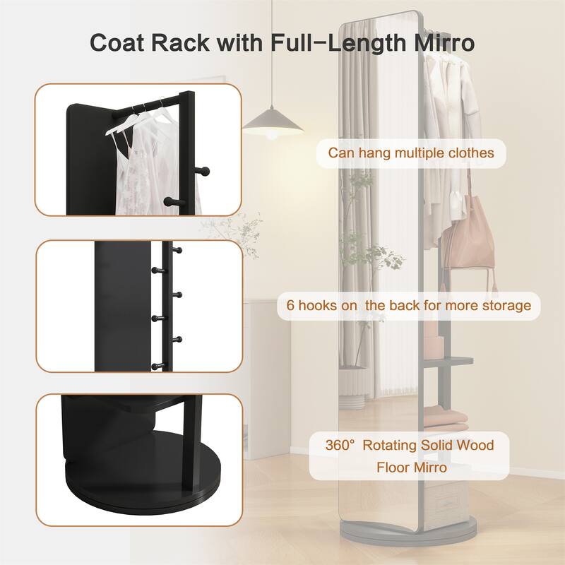 360°Rotating Multifunctional Coat Rack with Full Length Mirror and Hook
