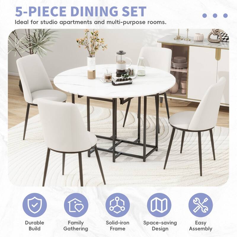 Space-Saving 5-Piece Extendable Kitchen Dining Table Set for Small Spaces - Round Faux Marble Top with Golden Frame