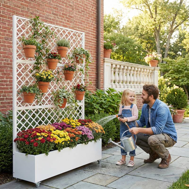 Raised Garden Bed Planter with Trellis Movable Planter Box with Lockable Wheels