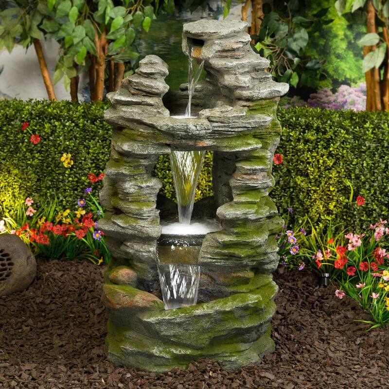 Stacked Stone Rainforest Fountain w/ Cool White LED Lights