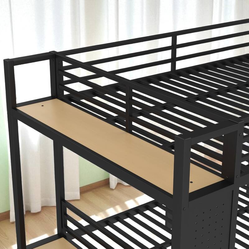 Full over Full / Queen over Queen Metal Bunk Bed with Shelves, Drawers and Pegboard Storage