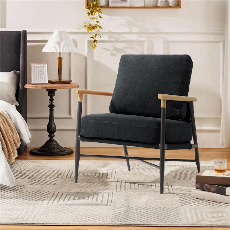 Industrial Upholstered Accent Chair Club Chair with Metal Frame - Single - Black Chenille