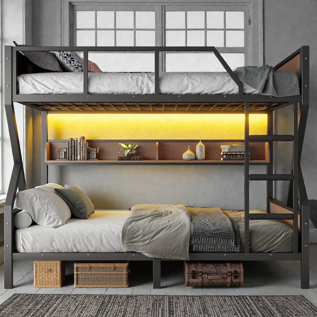 Queen over Queen Metal Bunk Bed with Storage Shelves, LED Strip Lights, Guardrails and Noise-Free Frame