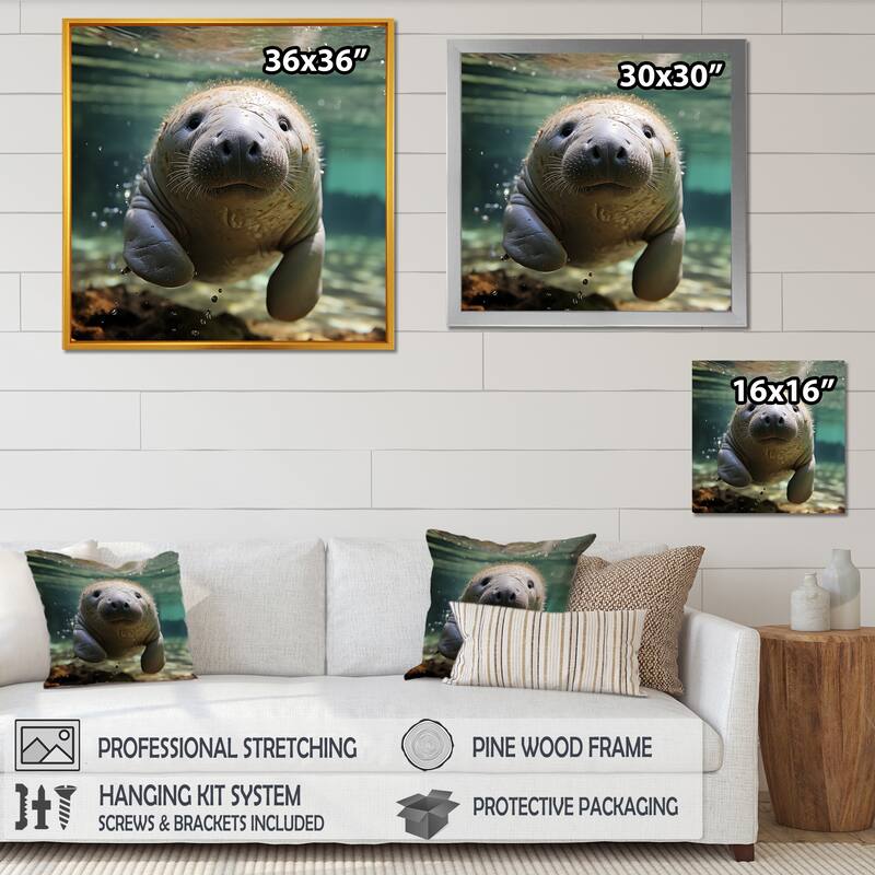 Designart "Curious Manatee Gaze II" Manatee Wall Decor Blue Modern Entryway Framed Wall Art Print