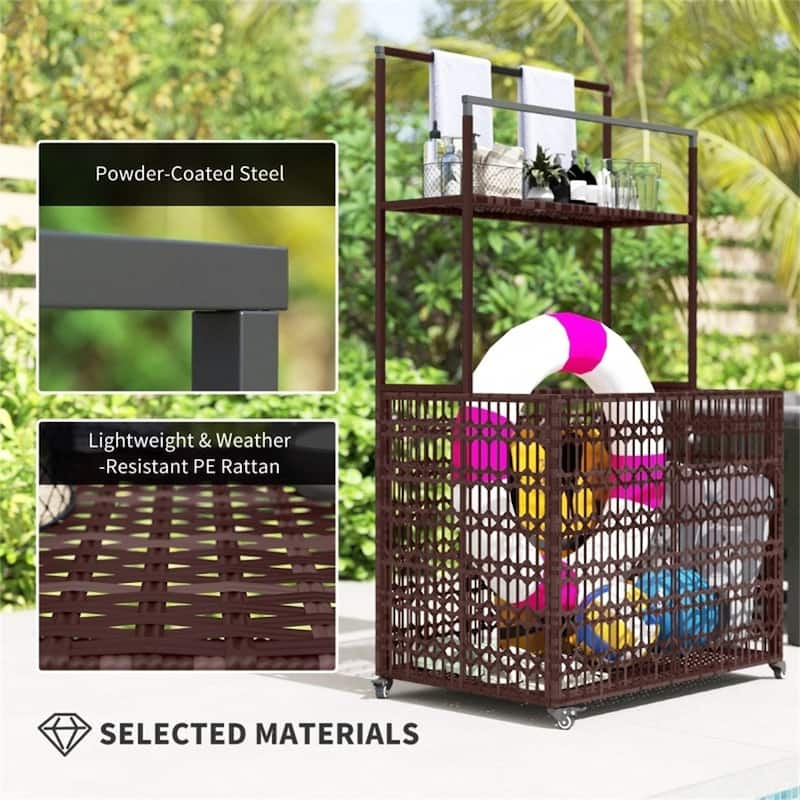Mixed-Brown PE Rattan Pool Storage Basket with Steel Frame and Wheels - 34.6" W x 22.8" D x 59.4" H