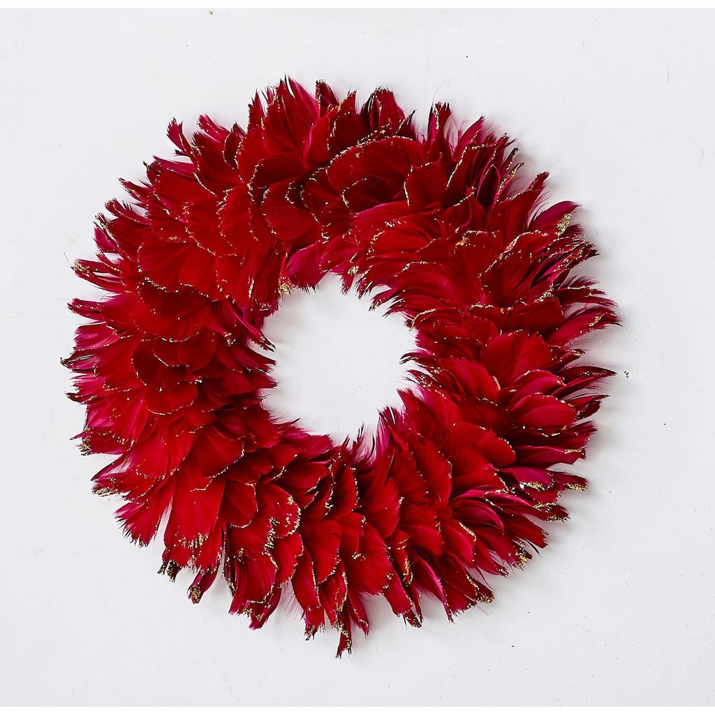 12" Red Feather Christmas Wreath With Gold Glitter Edging On Flat Foam Base
