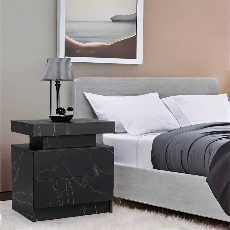 Modern Bedroom Nightstand with LED Lights Decoration and 2 Drawers