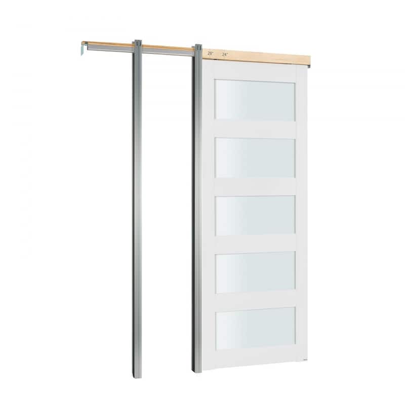 White Wood MDF Sliding Pocket Door with Frosted Glass Panels - 36x80