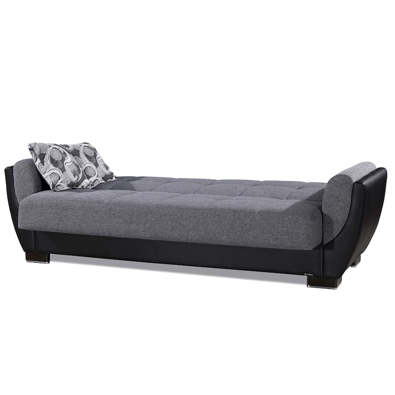 HomeRoots 93" Black And Gray Chenille And Faux Leather Convertible Futon Sleeper Sofa With Toss Pillows And Storage
