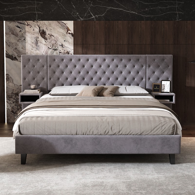 Low-Profile Platform Bed, Modern Velvet Upholstered Bed, Diamond Tufted Headboard Wingback Bed with 2 Nightstands Storage Bed - Grey - King