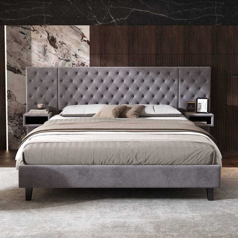 Modern King Platform Bed with Velvet Headboard & 2 Nightstands, Luxurious Diamond Tufted Upholstery