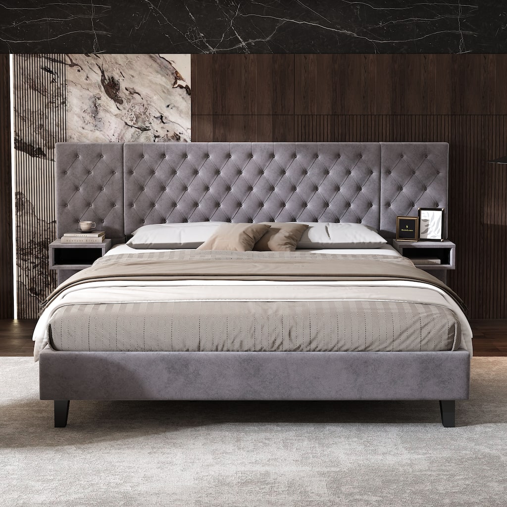 Upholstered Velvet Platform Bed Frames Modern King Tufted Bed
