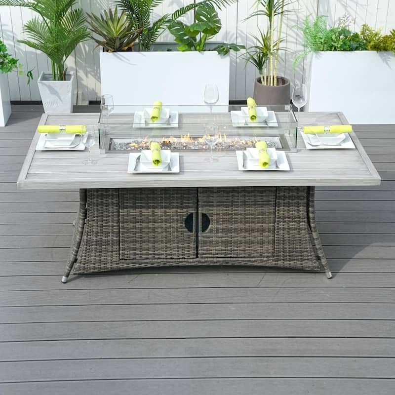 Rattan Fire Pit Table Aluminum Frame with Wind Guard - 71-Inch - Grey