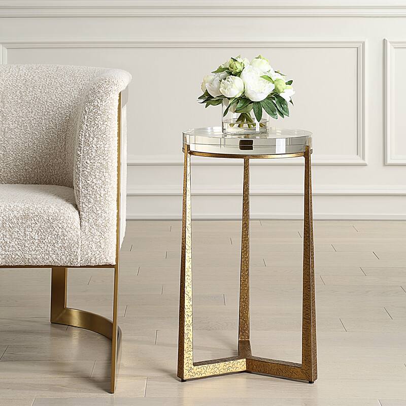 Iron Accent Table with Crystal Top - 24.25" - Antique Gold Finish