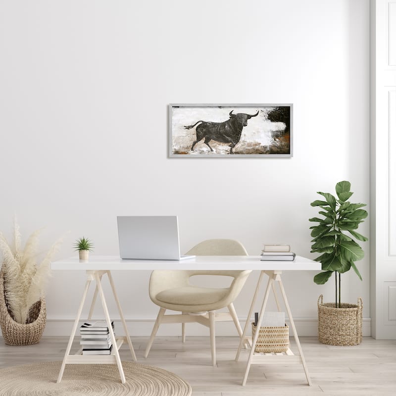 Stupell Rustic Running Bull Abstract Animal Painting Wild Cattle Framed Wall Art - Off-White