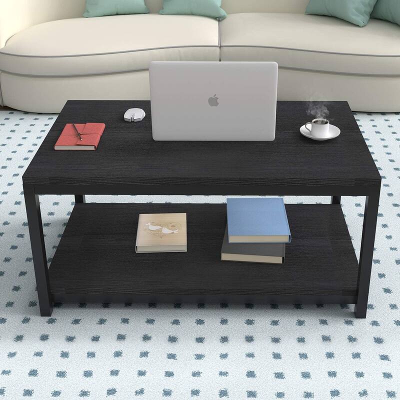 Iron Frame Storage Coffee Table Vintage Wood Black End Table Entryway