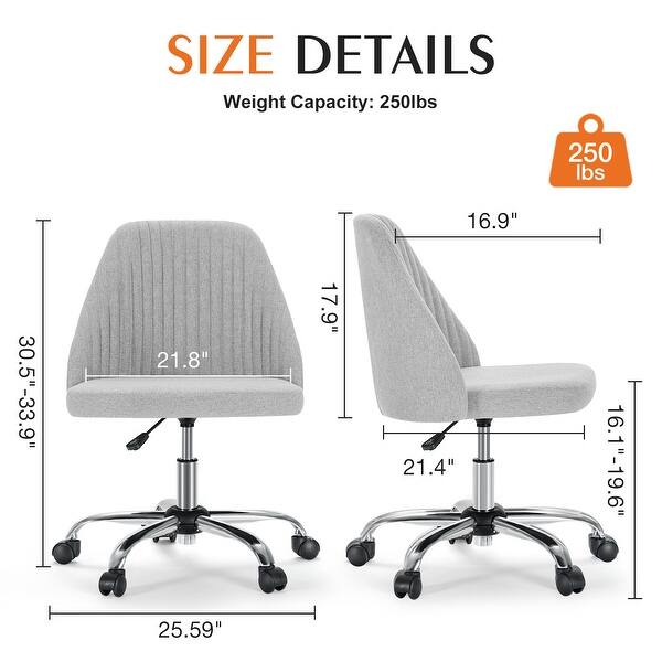 dimension image slide 1 of 6, Armless Fabric Home Office Desk Chairs, Adjustable Height Swivel Task Vanity Chair, Task Chairs with Swivel Wheels - N/A