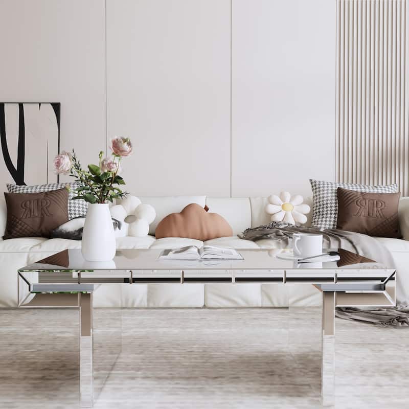 Mirror Sofa Side Table with Fluted Tempered Glass