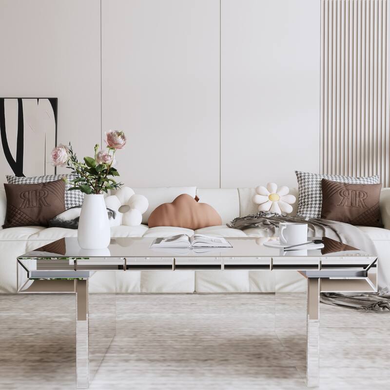 Rectangular Mirror Coffee Table with Full-Body Mirrored Surfaces and Fluted Tempered Glass Accents for Living Room, Office - Silver