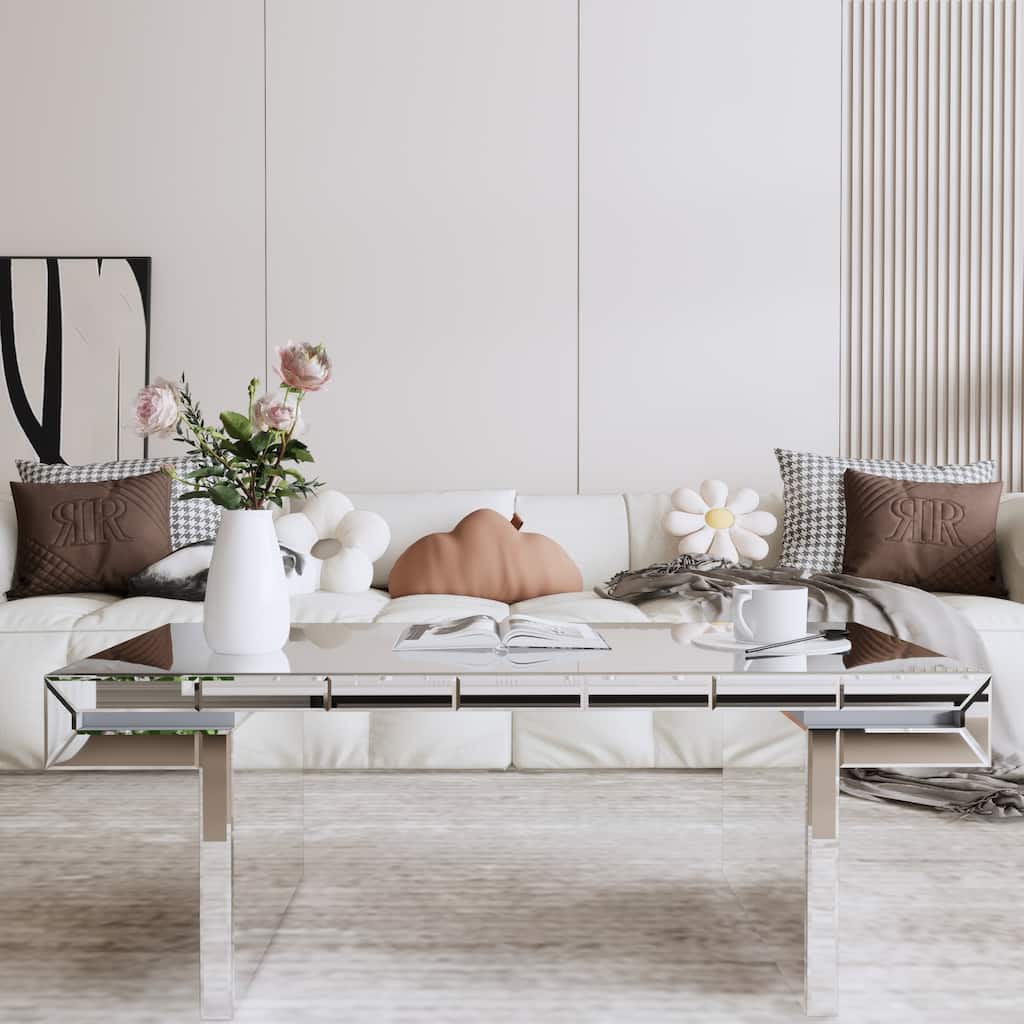 Rectangular Mirror Coffee Table with Full-Body Mirrored Surfaces and Fluted Tempered Glass Accents for Living Room, Office