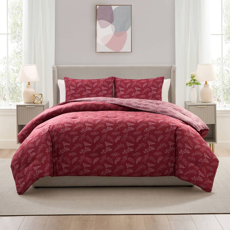 Empyrean 3PC Reversible Botanical Printed Comforter Bedding Set - Mulberry - Queen