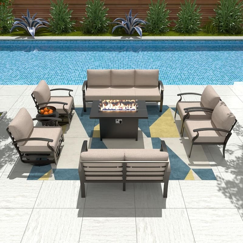 Aluminum Patio Furniture Set with FirePit Ottomans Swivel Chairs,Sectional Sofa with Thick Seat Cushions for Porch Garden - 9-Seats w/Swivel - Khaki