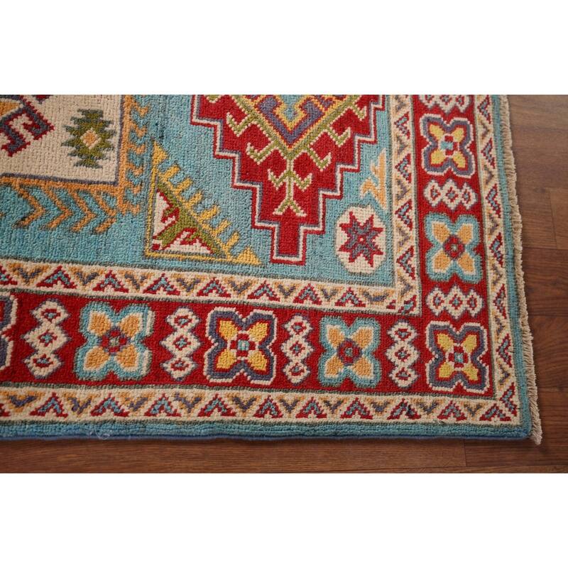 Geometric Blue Kazak Oriental Accent Rug Hand-Knotted Wool Carpet - 2'8" x 3'10"