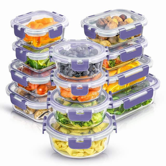 JoyFul 24 Piece Glass Food Storage Containers Set with Airtight Lids - Purple