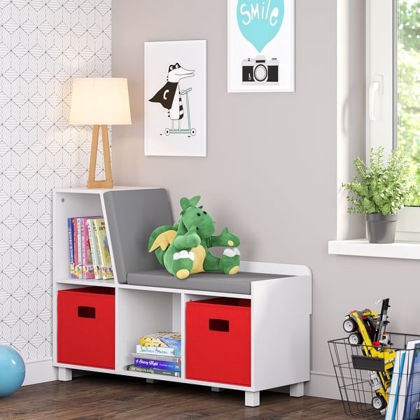 slide 2 of 46, RiverRidge Kids Reading Nook Cushioned Toy Storage Bench with Cubby Organizers with Optional Fabric Bins- White White with Red Bins