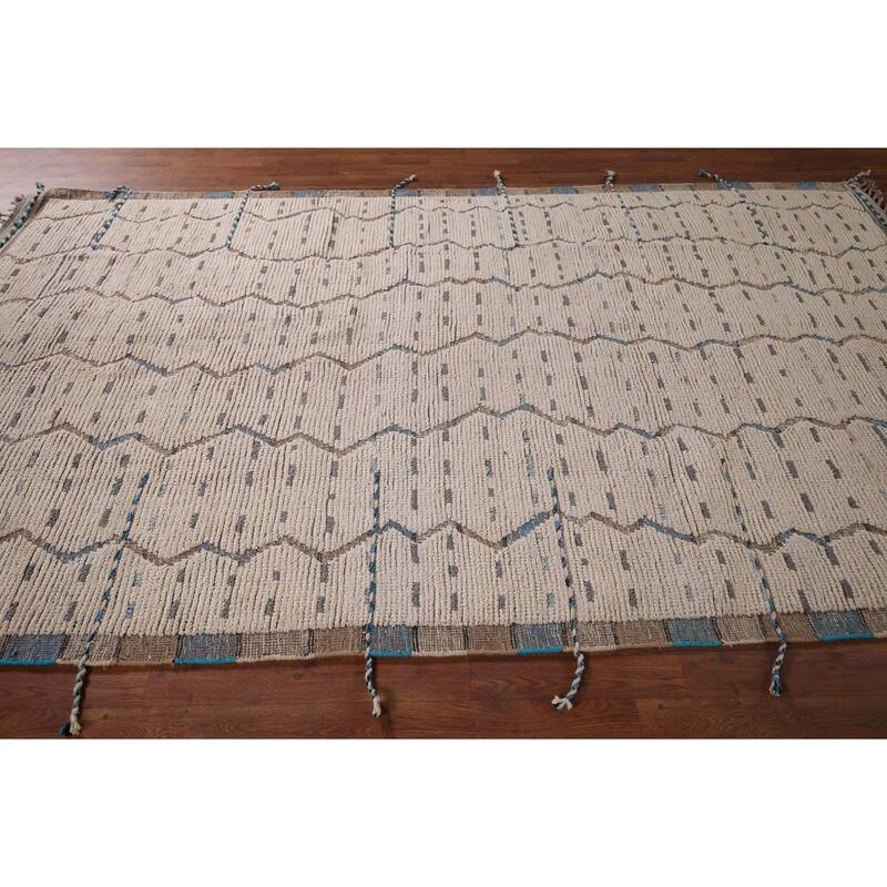 Ivory Striped Moroccan Oriental Area Rug Hand-Knotted Wool Carpet - 6'0"x 9'10"