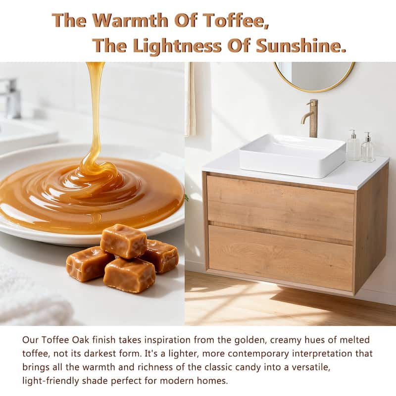 Sylphar 36 inch Toffee Oak Floating Bathroom Vanity with White Quartz Top