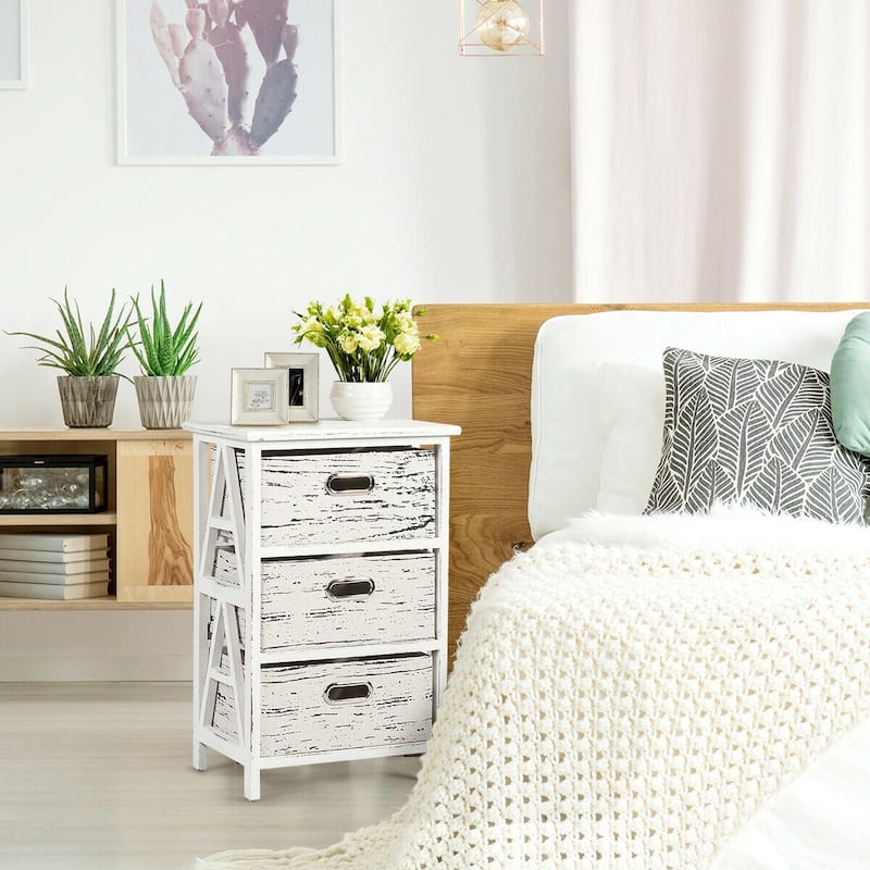 Gymax Chest w/3 Fabric Drawers Vintage Wood Frame End Table Side Sofa